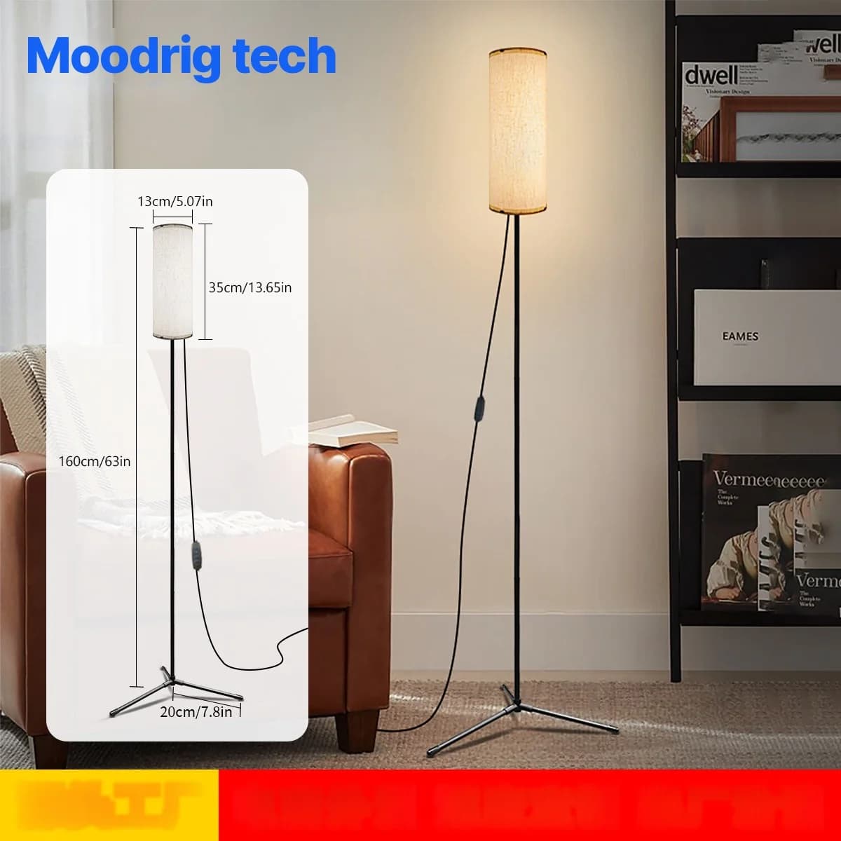 LED stojací lampa s textilním stínidlem, stmívatelné tříbarevné světlo