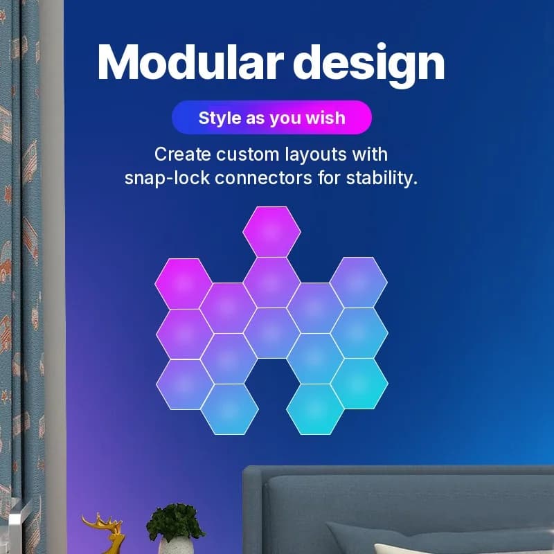 RGB hexagonální světelné panely reagující na zvuk s ovládáním aplikací