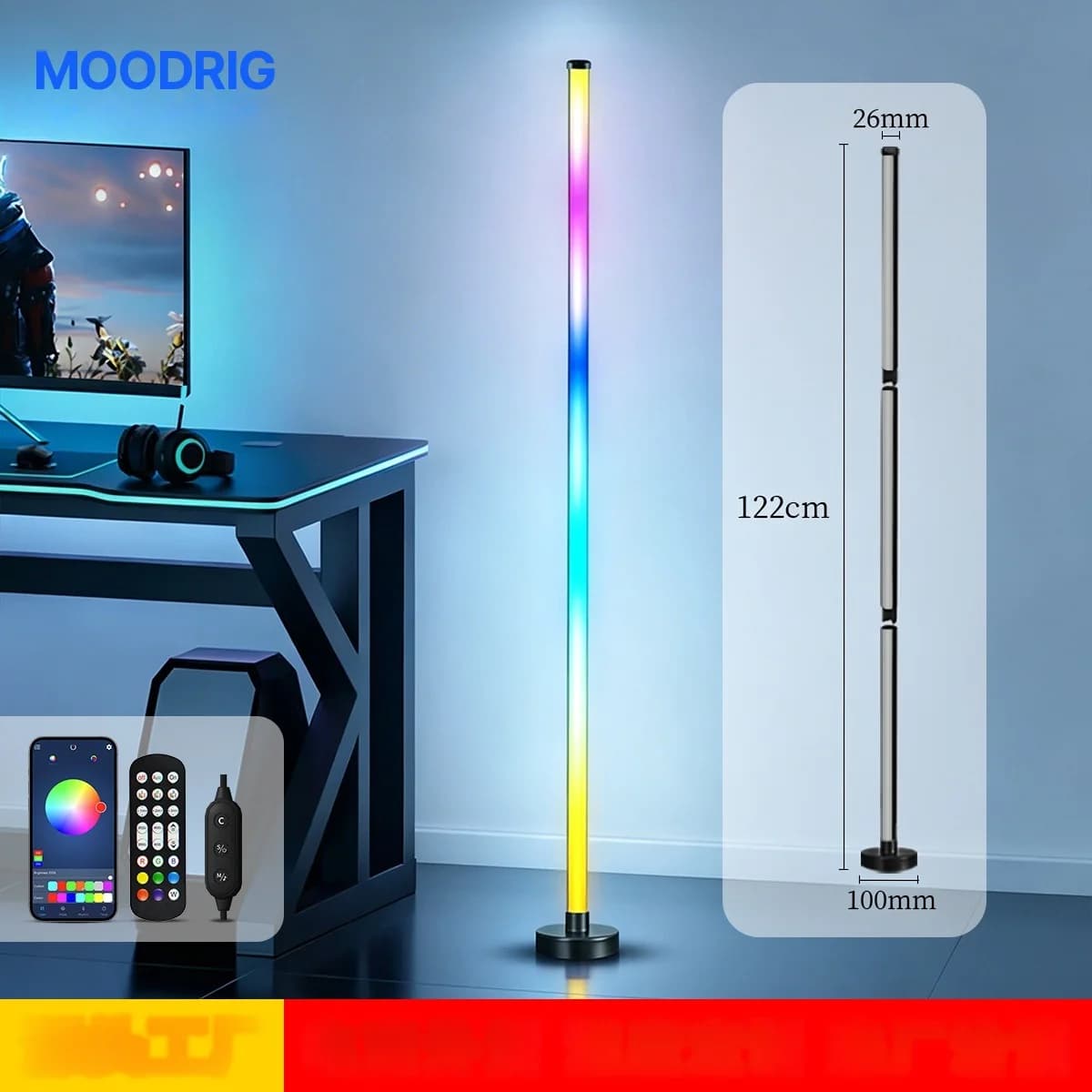 RGB LED rohová stojací lampa se synchronizací hudby, ovládáním přes aplikaci a dálkový ovladač