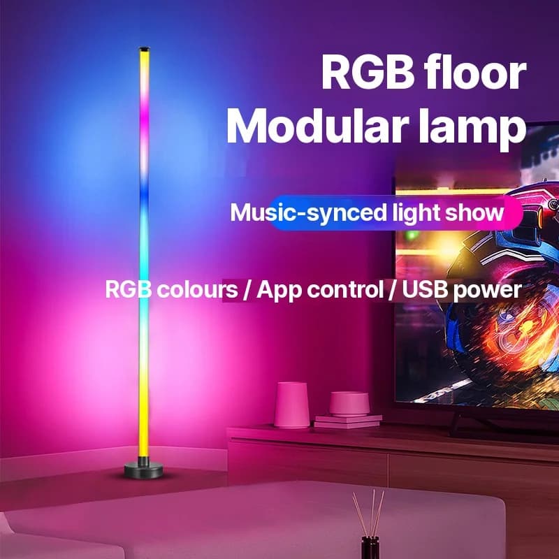 RGB LED rohová stojací lampa se synchronizací hudby, ovládáním přes aplikaci a dálkový ovladač