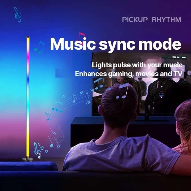 RGB LED rohová stojací lampa se synchronizací hudby, ovládáním přes aplikaci a dálkový ovladač