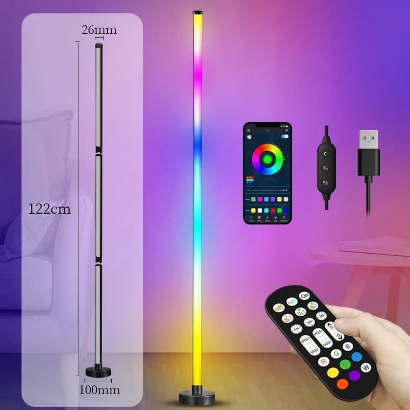 RGB LED rohová stojací lampa se synchronizací hudby, ovládáním přes aplikaci a dálkový ovladač