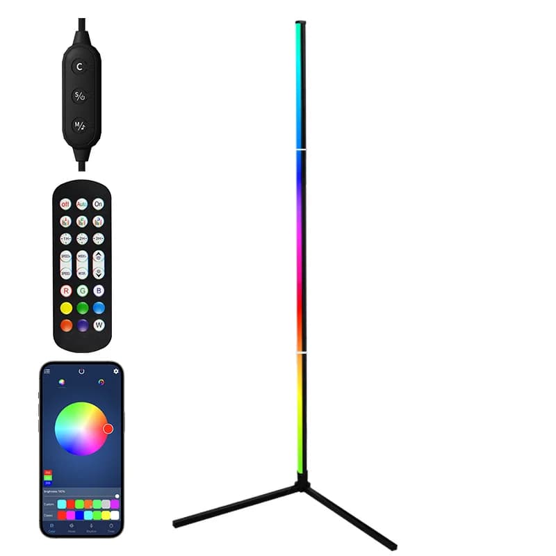 RGB LED rohová stojací lampa se synchronizací hudby, ovládáním přes aplikaci a dálkový ovladač